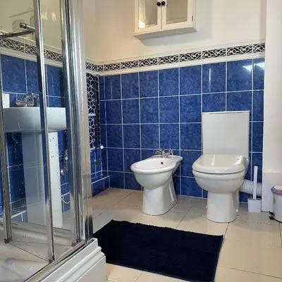 a blue tiled bathroom with a toilet and a shower at The Hay Loft in Porkellis