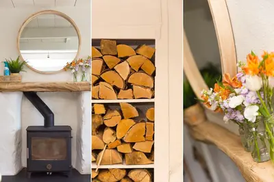 a collage of pictures with a wood stove and a mirror at Dowran in Hayle