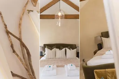two pictures of a bedroom with a bed and a chandelier at Dowran in Hayle