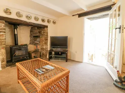 a living room with a television and a fireplace at Lower Tamsquite in Bodmin