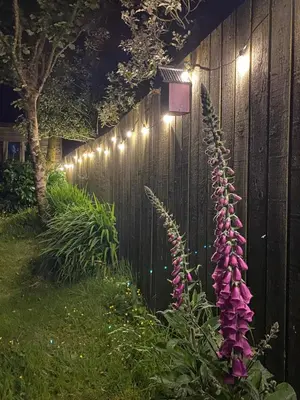 a fence with lights on the side of it at Sunrise Cabin in Carbis Bay