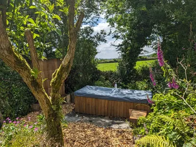 a wooden bath tub in a garden with a tree at Dreckly cabin - Lydcott Glamping with Cornish sea views in Looe