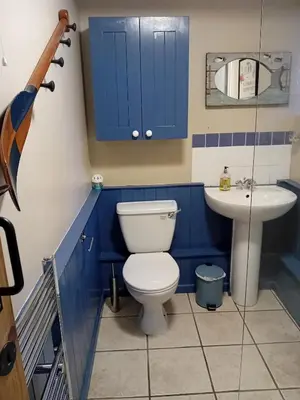 a blue bathroom with a toilet and a sink at Farm Cottage, Chypons Farm, Rural St Ives in Penzance