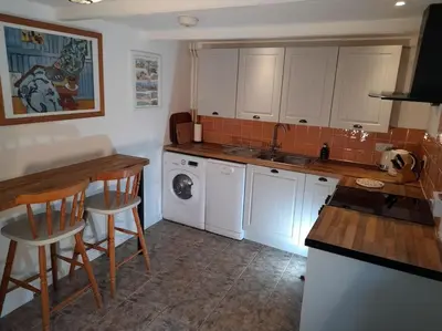 a kitchen with white cabinets and a washer and dryer at River Cottage, Chypons Farm, Rural St Ives in Nancledra