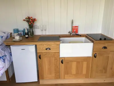 a kitchen with a sink and a refrigerator at Honeysuckle hut in Port Isaac