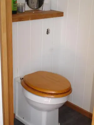 a bathroom with a toilet with a wooden toilet seat at Honeysuckle hut in Port Isaac