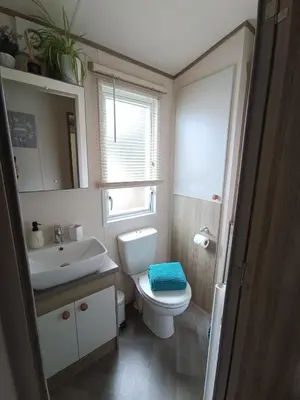 a bathroom with a toilet and a sink and a mirror at 16 Lakeview, Pelham Retreat in Crantock