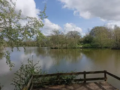 a view of a lake with a wooden fence at 16 Lakeview, Pelham Retreat in Crantock