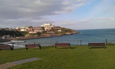 a row of benches in a park overlooking the ocean at Tregella Guest House in Newquay