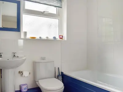 a bathroom with a toilet and a sink and a window at Trelawney Bungalow in Callington
