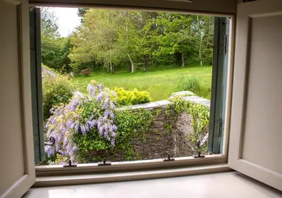 an open window with a view of a garden at The Old Barn at Bosillion House in Grampound