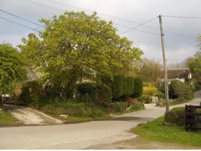 an empty street with a tree and a bench at Apartment in lovely village in Newquay