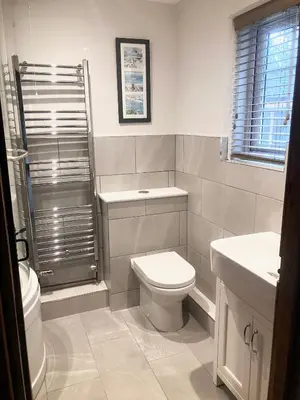a bathroom with a toilet and a shower and a sink at Apartment in lovely village in Newquay