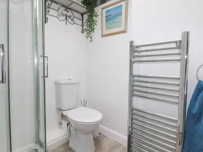 a bathroom with a toilet and a glass shower at Langurra in Newquay