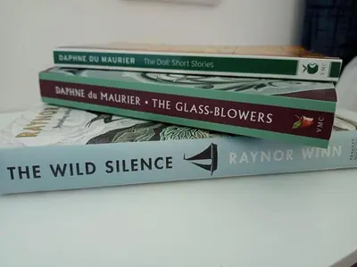 three books stacked on top of each other on a shelf at Hygga in Fowey