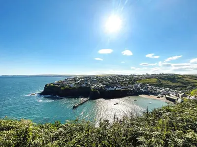 an aerial view of a town on a beach at Hillside in Port Isaac