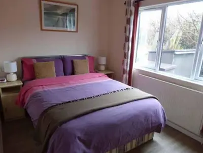 a bedroom with a bed with purple sheets and a window at Rosewater Park Lodge in Bodmin