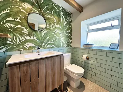 a bathroom with a toilet and a sink and a mirror at The Little Cottage at Porth in Newquay