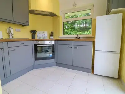 a kitchen with white appliances and a yellow wall at Beekeepers Cottage in Liskeard