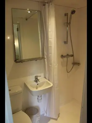 a bathroom with a sink and a toilet and a mirror at Shepherd's hut at Rosewood House in Liskeard