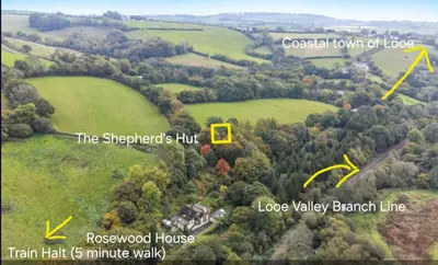 an aerial view of a house with the sherbrookehoffhoff house at Shepherd's hut at Rosewood House in Liskeard