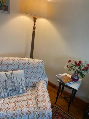 a living room with a couch and a table with a vase of flowers at Hillside Launceston Cornwall in Launceston
