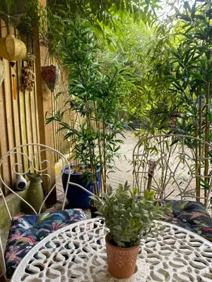 a patio with potted plants and a table and chairs at Hillside Launceston Cornwall in Launceston