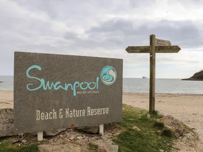 a sign for the beach and future rescue at Squirrels Leap in Falmouth