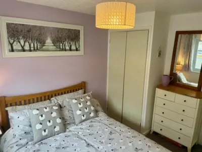 a bedroom with a bed and a dresser and a mirror at Rosecraddoc Lodge 23 in Liskeard
