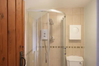 a shower in a bathroom with a toilet at Cosy Cottage in St Ives, Wi-Fi, Pets Accepted in St Ives