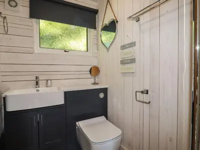 a small bathroom with a sink and a toilet at Villa 18 Lanteglos Holiday Park in Camelford