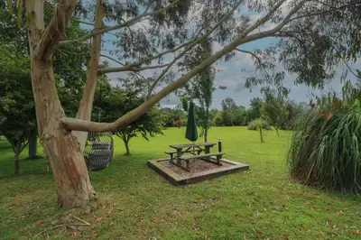 a picnic table next to a tree with a umbrella at Little Willow in Saint Columb Major