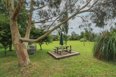 a picnic table next to a tree with a green umbrella at The Stables in Saint Columb Major