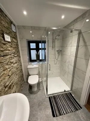 a bathroom with a shower and a toilet and a sink at No1 Apartment Mevagissey in Mevagissey