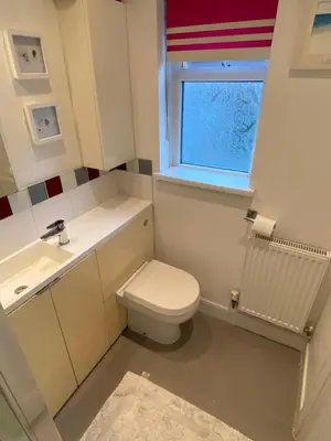 a bathroom with a toilet and a sink and a window at Newquay Fistral Holiday home with hot tub in Newquay