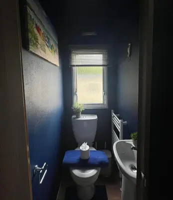 a blue bathroom with a toilet and a sink at Cornwall caravan in Crantock