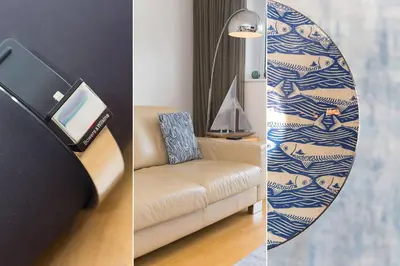 two pictures of a living room with a mirror at Viridian in Carbis Bay