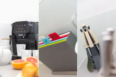 two different pictures of a kitchen counter with scissors at Viridian in Carbis Bay