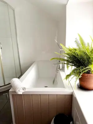 a bathroom with a white bath tub with a plant at 13 WinterSlow Cottage in St Ives