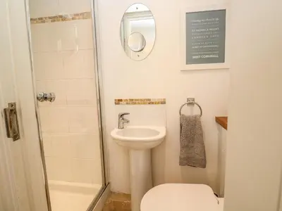a bathroom with a toilet and a sink and a shower at Cormorant Cottage in St Ives