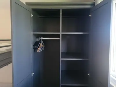 a closet with blue walls and shelves in a room at Spacious cabin, near Padstow and 7 Bays in St Merryn