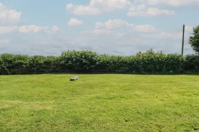 a rock sitting in the middle of a grass field at Bray Cottage in Bodmin