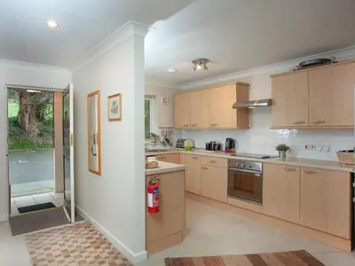 a kitchen with wooden cabinets and a door to a yard at Gull Cottage in Falmouth