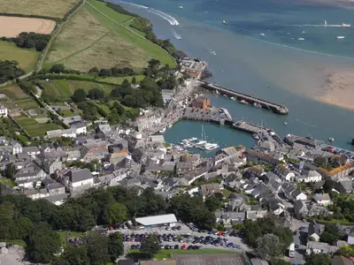 an aerial view of a small town next to the water at April Cottage in Padstow
