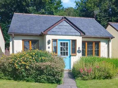 a small house with a blue door in a yard at 15 Pebble Cottage in Camelford