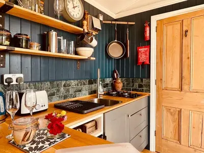 a kitchen with a counter with a sink and a stove at The Field Room - Hut on The Lizard in Helston