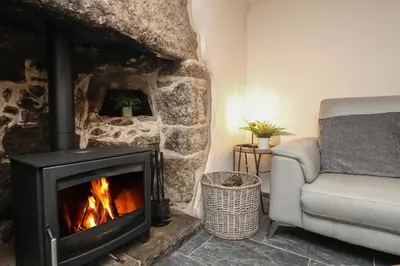 a living room with a fireplace and a couch at Bumblebee Cottage in Bodmin
