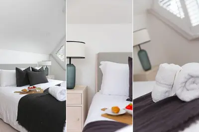 two pictures of a bedroom with a bed with towels on it at Westholme in St Ives
