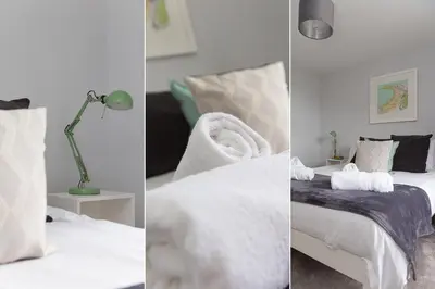 three pictures of a bedroom with a bed and a lamp at Benjamin's Bolthole in St Ives