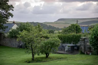 a garden with a tree and a stone wall at Zen Den Cornwall in Boscastle